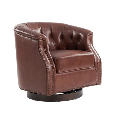 Veitin Brown Leather Chesterfield Rocker Swivel Accent Chair