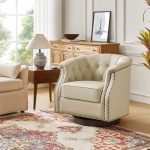 Veitin White Genuine Leather Chesterfield Rocker Swivel Accent Chair