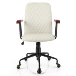 Velvet Office Chair with Wooden Armrests and Rocking Backrest