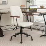 Velvet Office Chair with Wooden Armrests and Rocking Backrest
