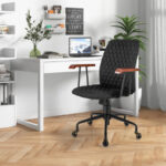 Velvet Office Chair with Wooden Armrests and Rocking Backrest