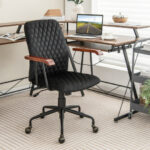Velvet Office Chair with Wooden Armrests and Rocking Backrest