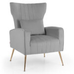 Velvet Wingback Chair with Lumbar Pillow and Gold Legs