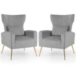 Velvet Wingback Chair with Lumbar Pillow and Gold Legs