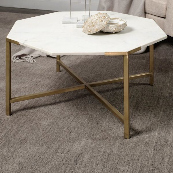 Vincent 33 Octagonal White Marble Tabletop w Gold Metal Base Coffee Table 2