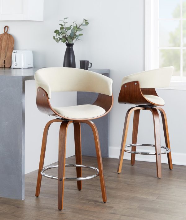 Vintage Mod 26 Cream Fabric Mid Century Swivel Counter Stool Set of 2