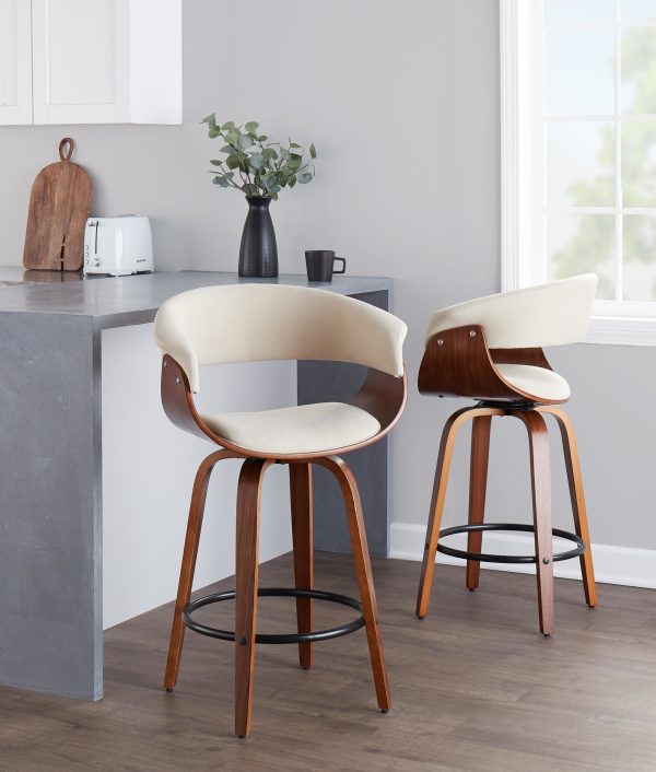 Vintage Mod 26 Inch Walnut Cream Mid Century Modern Swivel Stool Set of 2 1