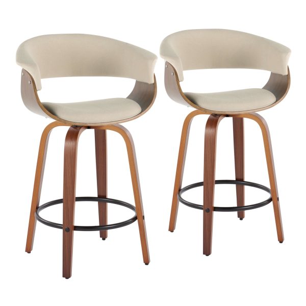 Vintage Mod 26 Inch Walnut Cream Mid Century Modern Swivel Stool Set of 2 2