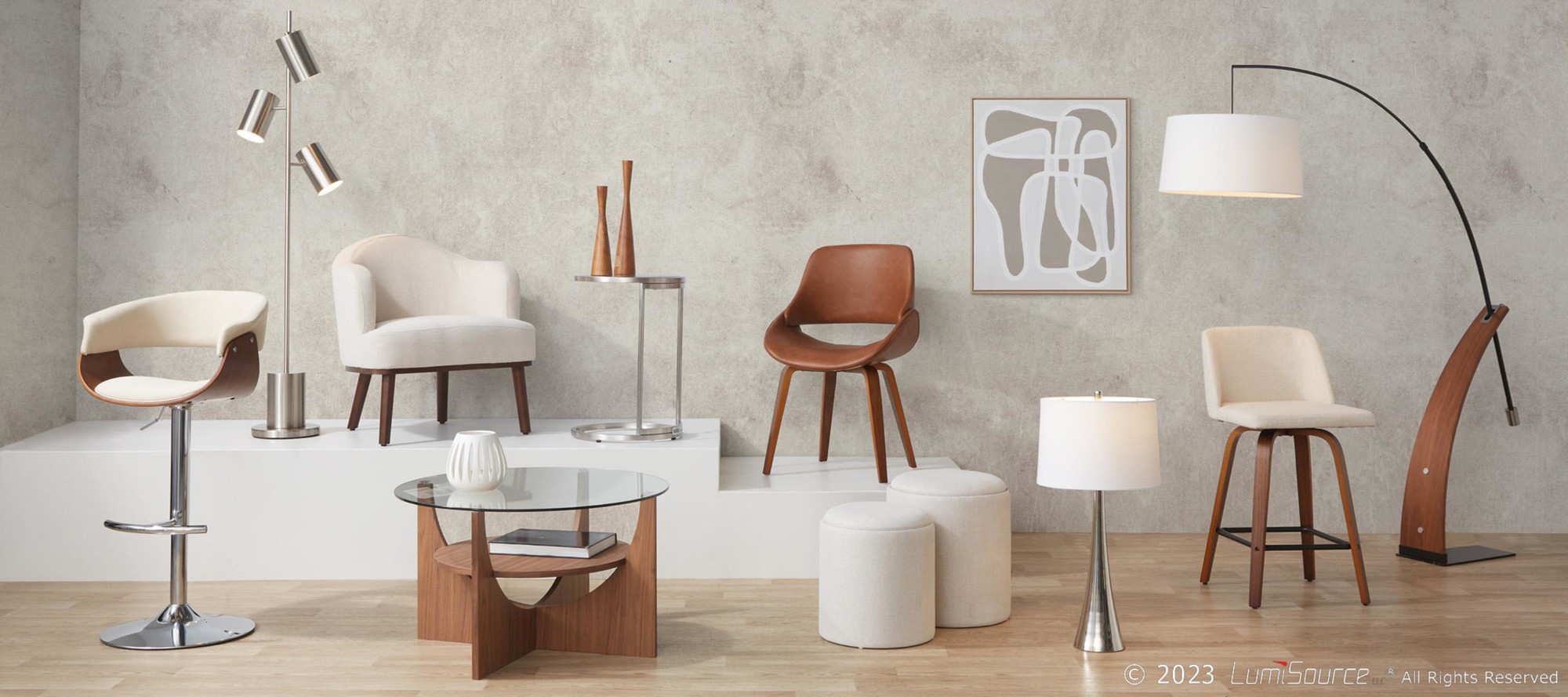 Vintage Mod Cream Fabric Walnut Swivel Barstools (Set of 2) 2 Vintage Mod Cream Fabric Walnut Swivel Barstools (Set of 2) - Image 2