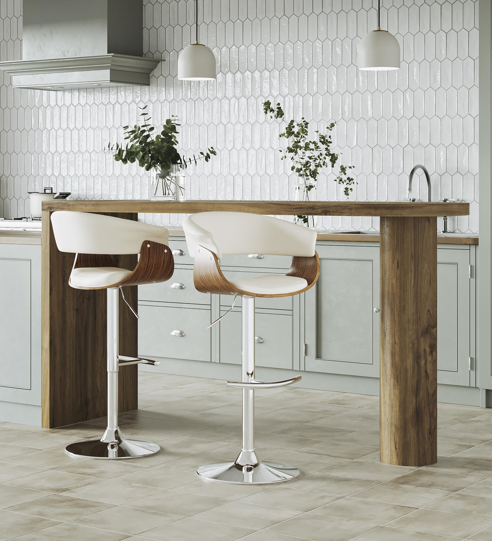 Vintage Mod Cream Fabric Walnut Swivel Barstools (Set of 2) 3 Vintage Mod Cream Fabric Walnut Swivel Barstools (Set of 2) - Image 3