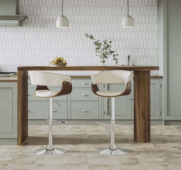 Vintage Mod Cream Fabric Walnut Swivel Barstools Set of 2 3