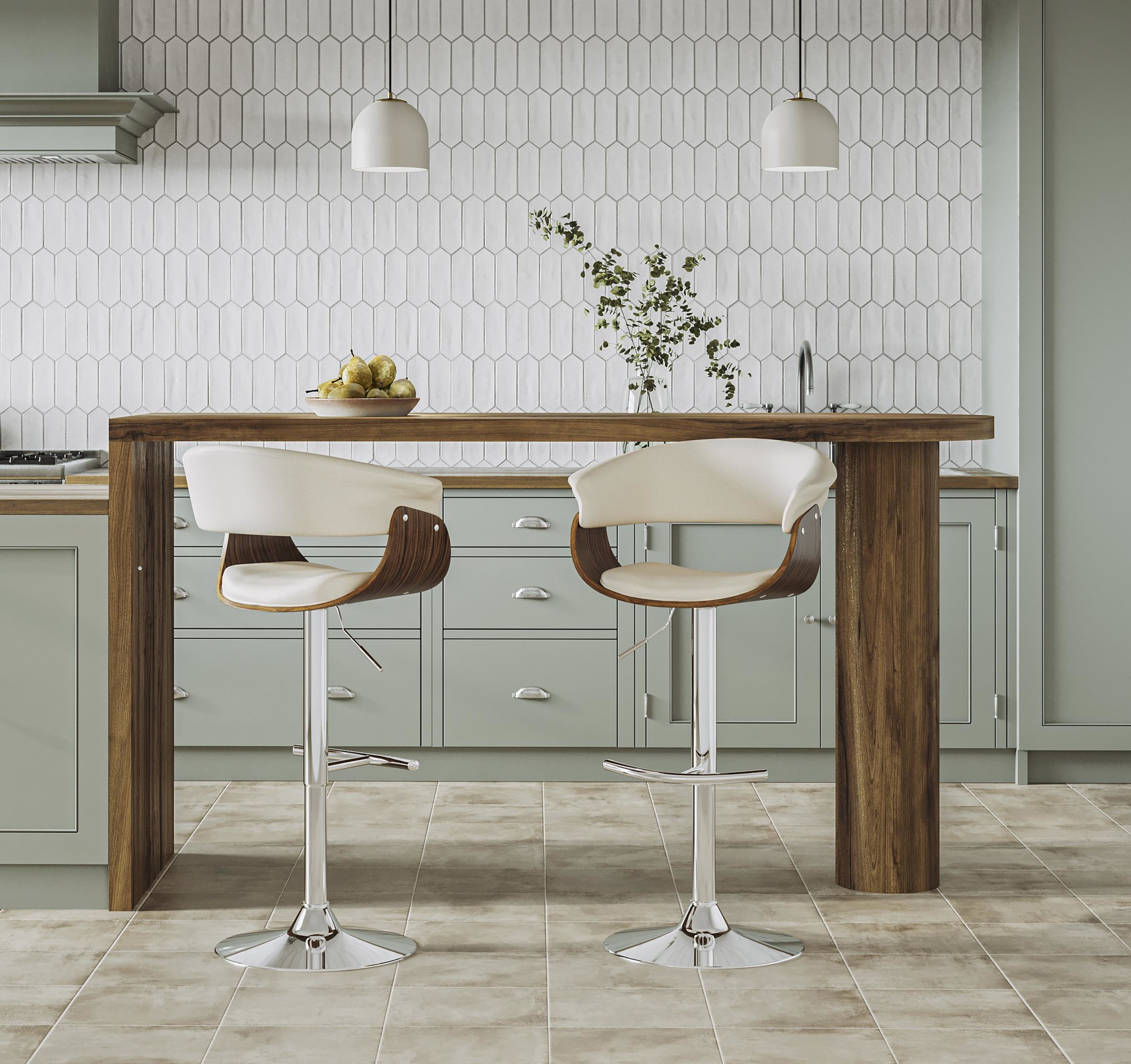 Vintage Mod Cream Fabric Walnut Swivel Barstools (Set of 2) 4 Vintage Mod Cream Fabric Walnut Swivel Barstools (Set of 2) - Image 4