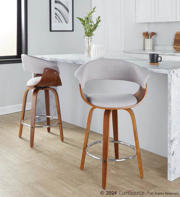 Vintage Mod Walnut Wood Stone Fabric Counter Stools Set of 2 1