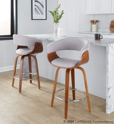 Vintage Mod Walnut Wood Stone Fabric Counter Stools (Set of 2)