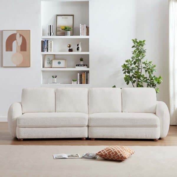 Cream Boucle Sofa with Solid Wood Legs and Puffy Cushions