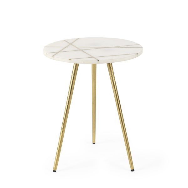 Vivienne 16.0L x 16.0W x 19.0H White Marble WAntique Gold Metal Round Small Side Table 1