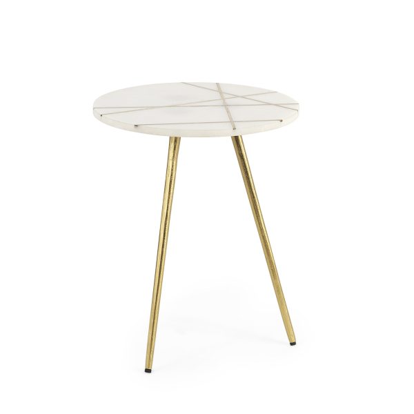 Vivienne 16.0L x 16.0W x 19.0H White Marble WAntique Gold Metal Round Small Side Table 2