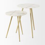 Vivienne 16.0L x 16.0W x 19.0H White Marble W/Antique Gold Metal Round Small Side Table