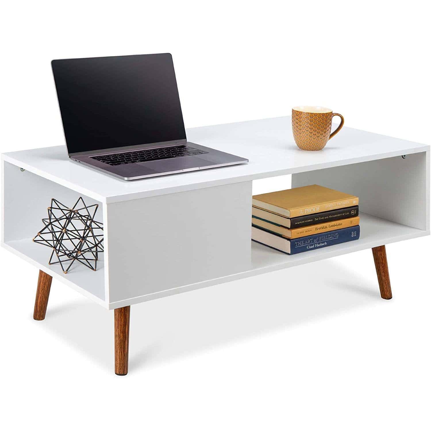 Mid-Century Coffee Table with Storage White and Brown Wood 2 Mid-Century Coffee Table with Storage White and Brown Wood - Image 2