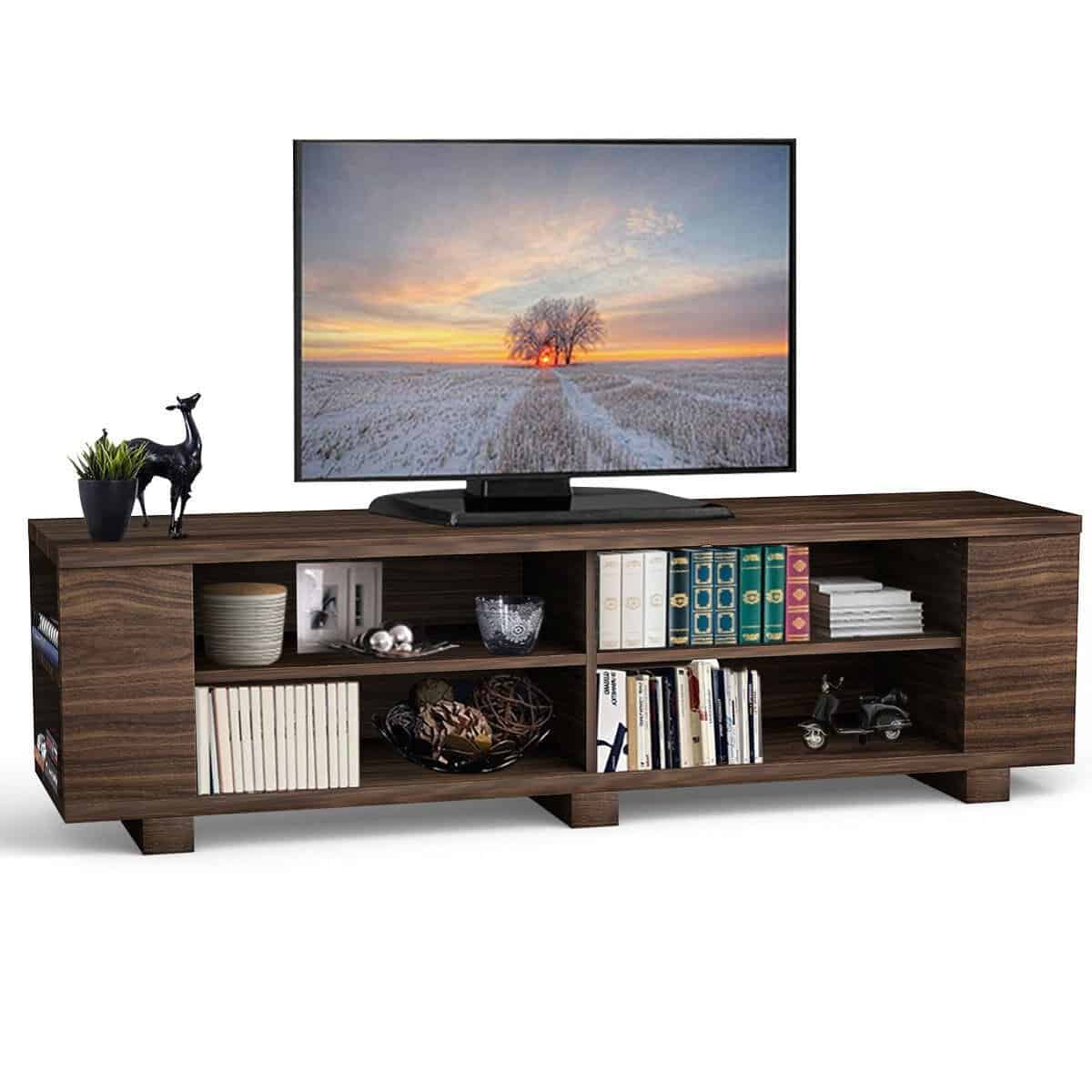 Walnut Wood TV Stand with Open Storage for 60-Inch TVs 1 Walnut Wood TV Stand with Open Storage for 60-Inch TVs