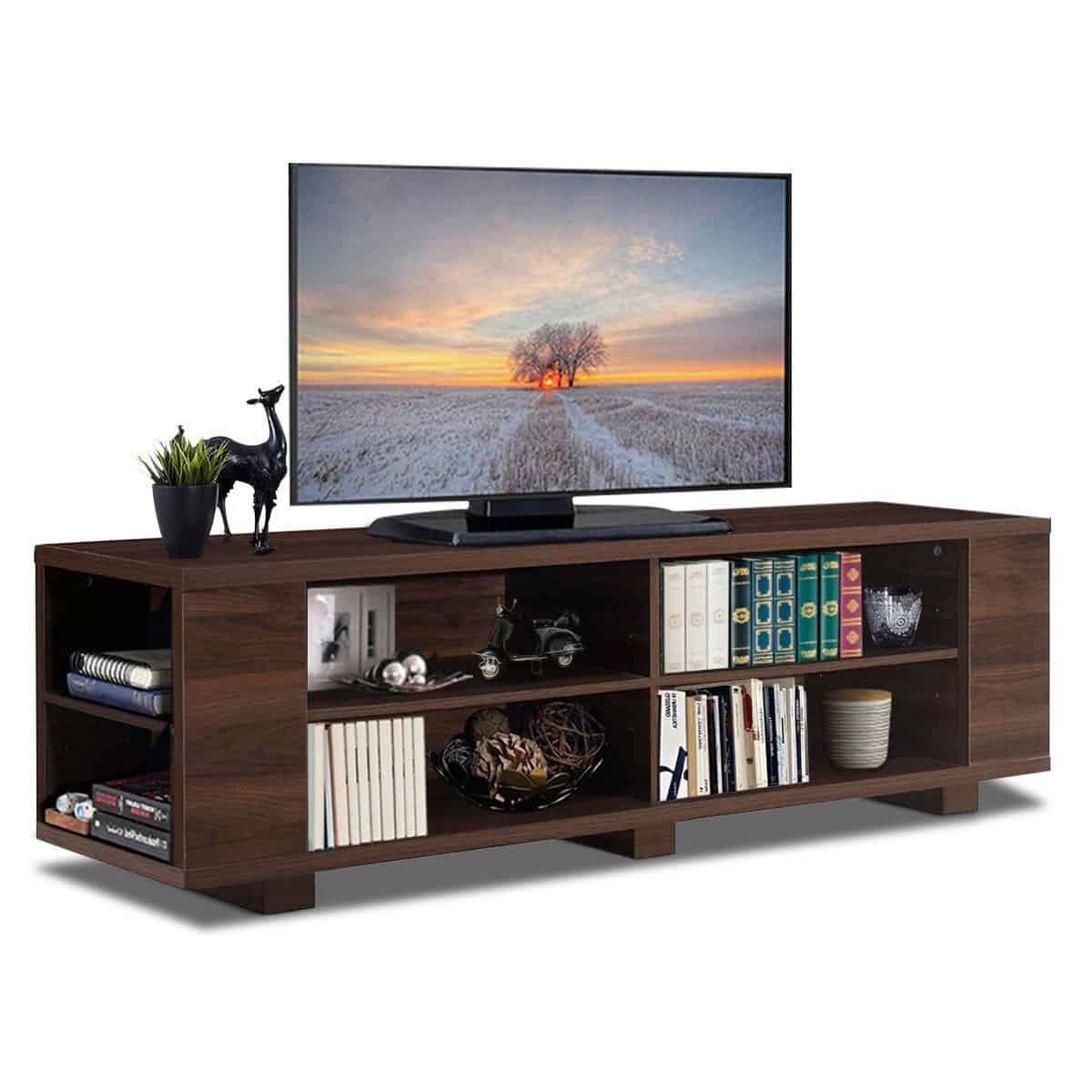 Walnut Wood TV Stand with Open Storage for 60-Inch TVs 2 Walnut Wood TV Stand with Open Storage for 60-Inch TVs - Image 2