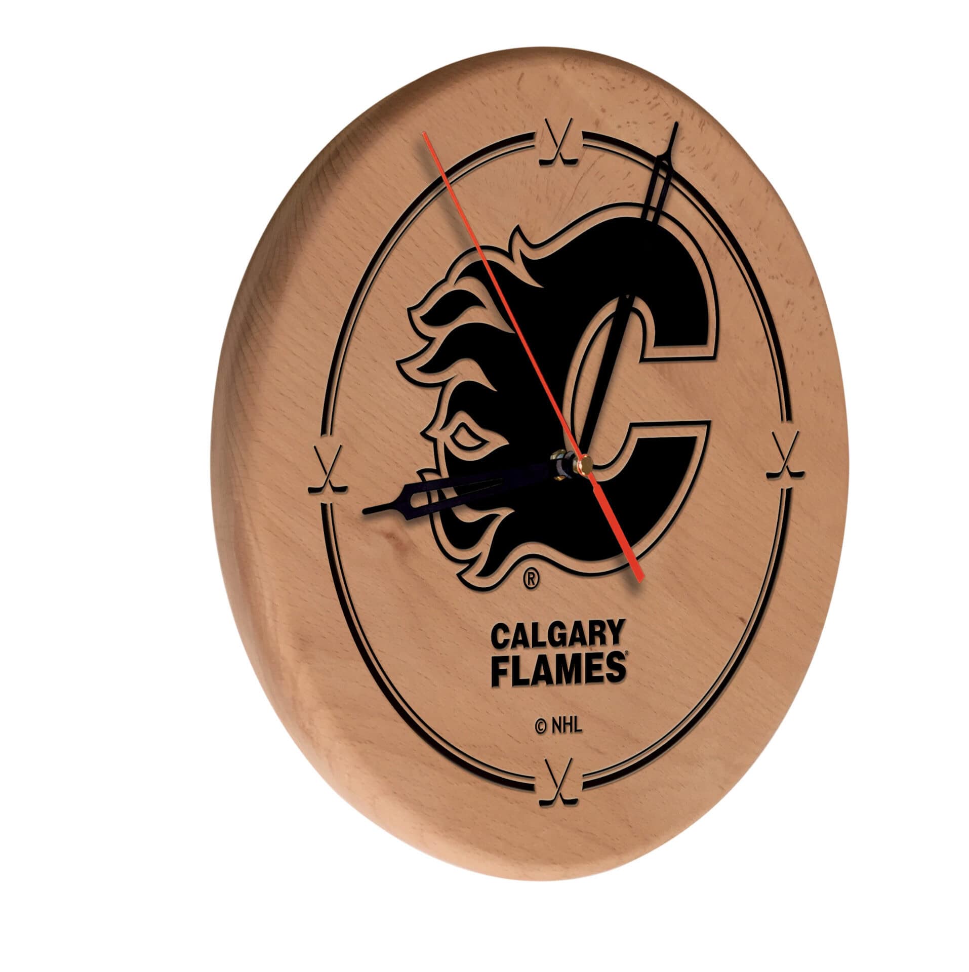 Calgary Flames 13-Inch Solid Wood Engraved Clock in Natural 1 Calgary Flames 13-Inch Solid Wood Engraved Clock in Natural