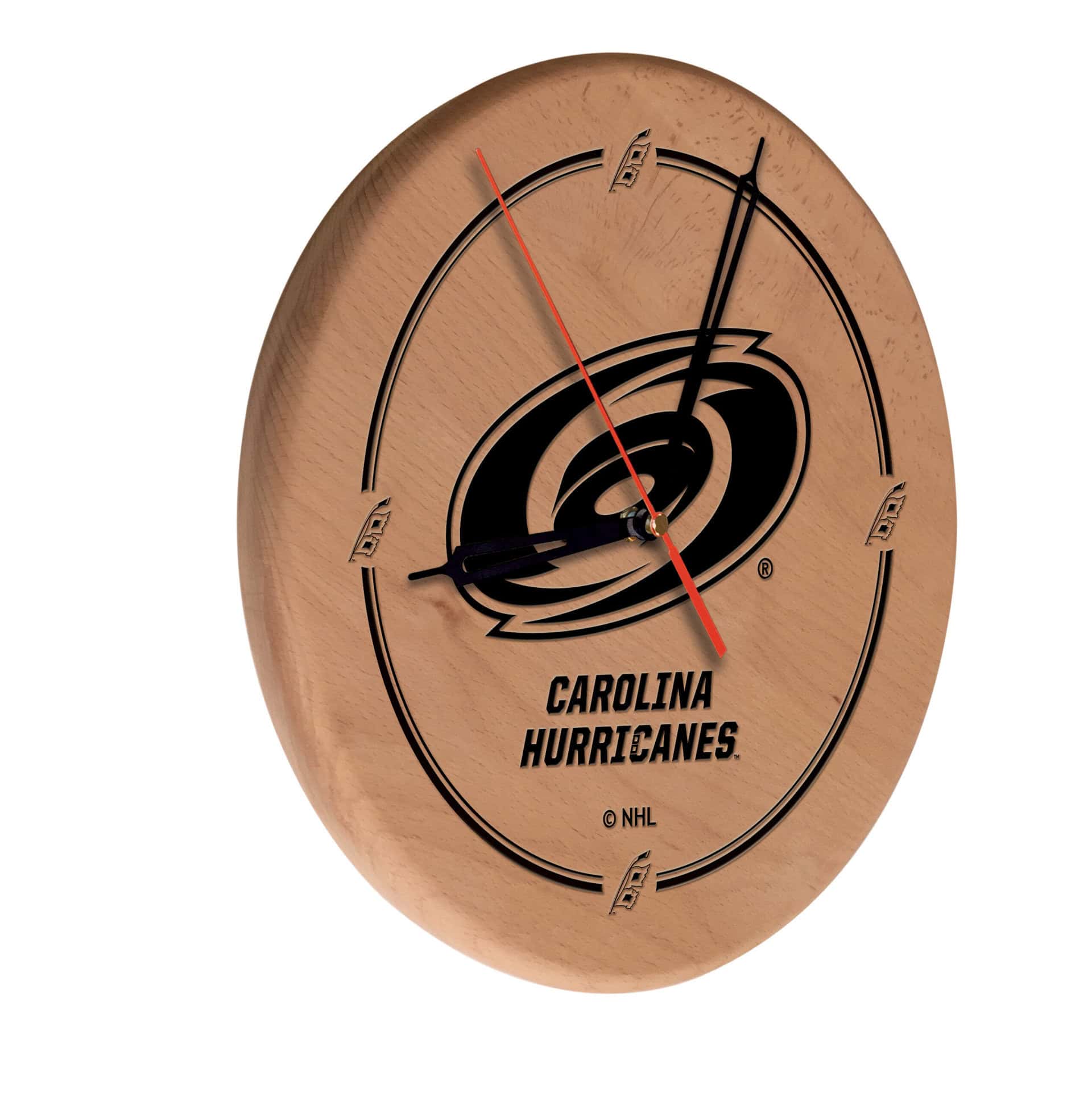 Carolina Hurricanes 13-Inch Solid Wood Engraved Clock in Natural 3 Carolina Hurricanes 13-Inch Solid Wood Engraved Clock in Natural