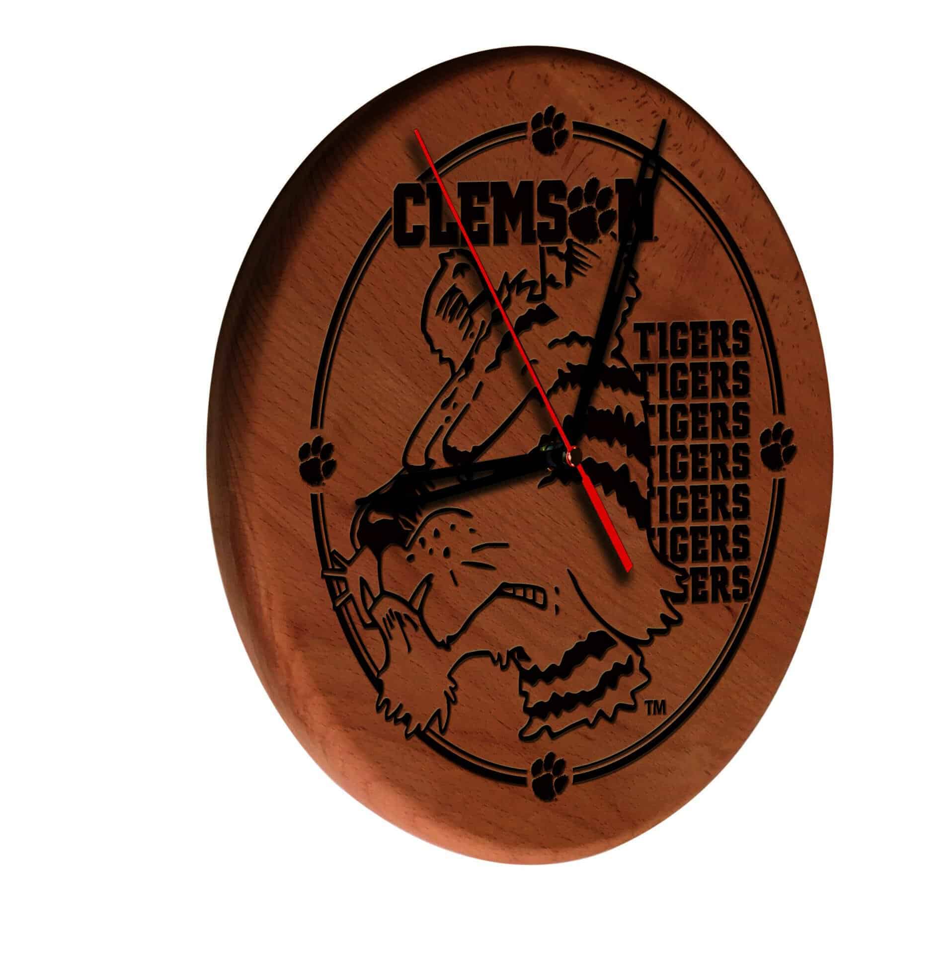 Clemson 13-Inch Solid Wood Engraved Clock in Natural 1 Clemson 13-Inch Solid Wood Engraved Clock in Natural