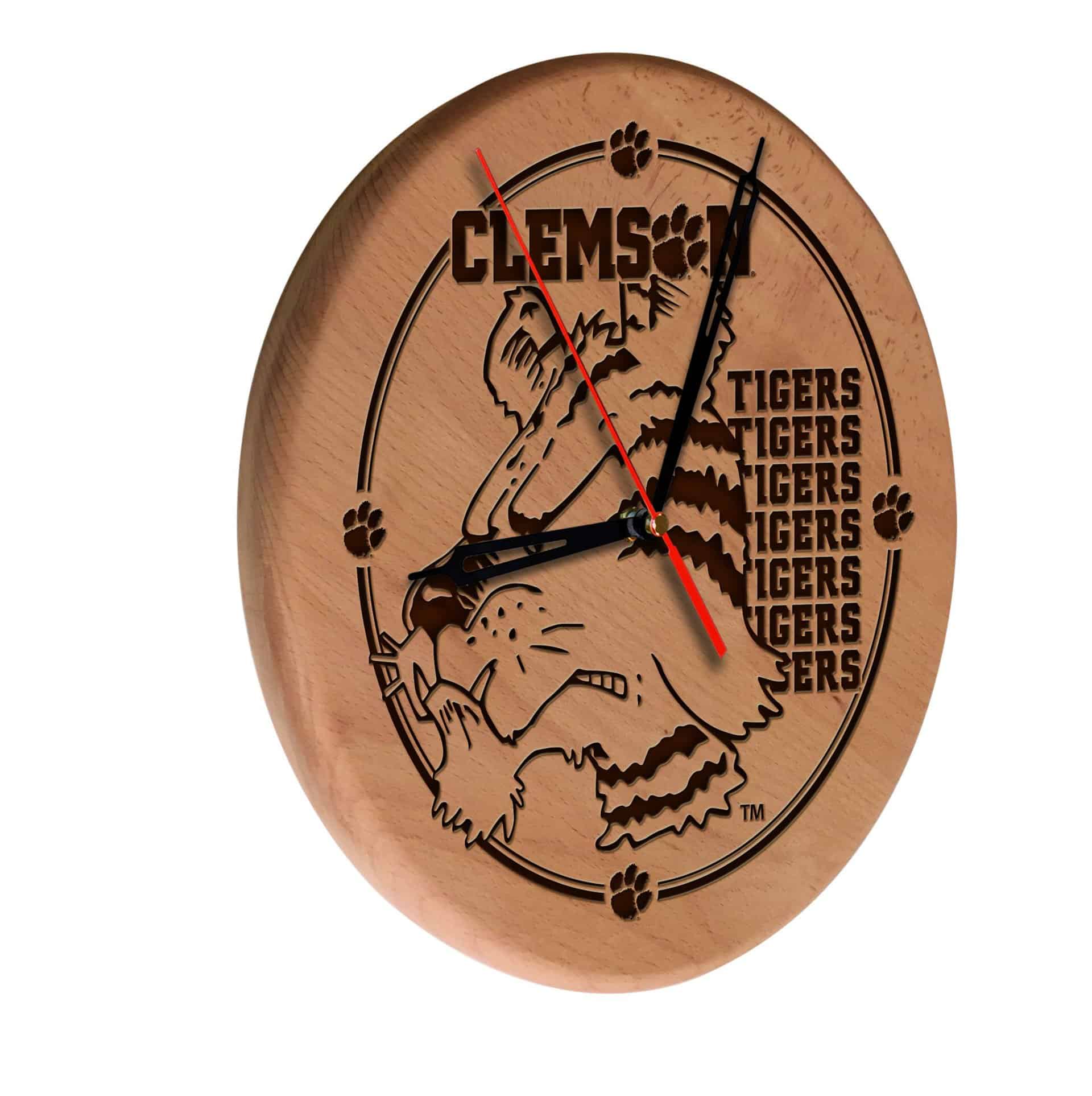 Clemson 13-Inch Solid Wood Engraved Clock in Natural 3 Clemson 13-Inch Solid Wood Engraved Clock in Natural