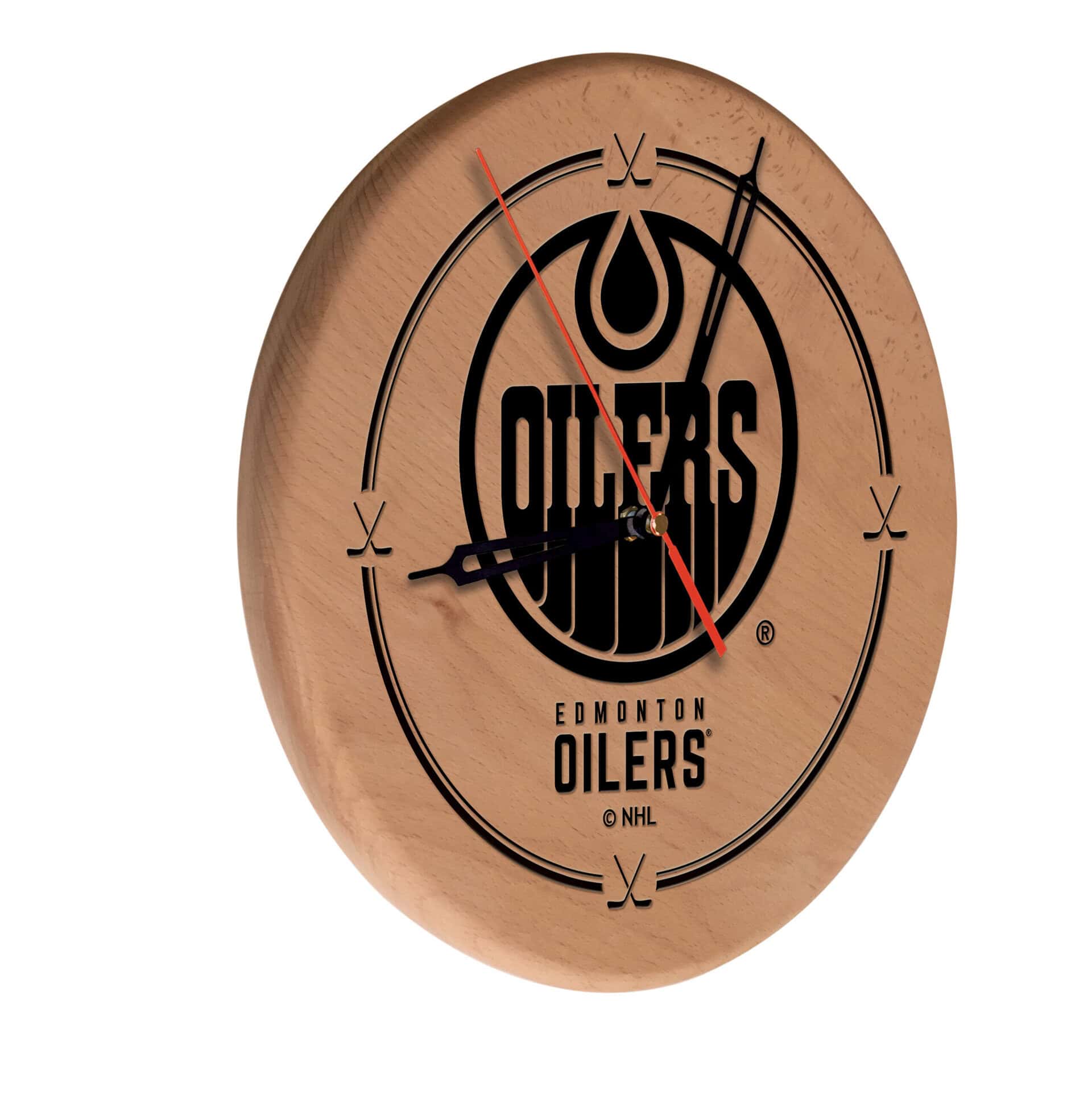 Edmonton Oilers 13-Inch Solid Wood Engraved Clock in Natural 3 Edmonton Oilers 13-Inch Solid Wood Engraved Clock in Natural