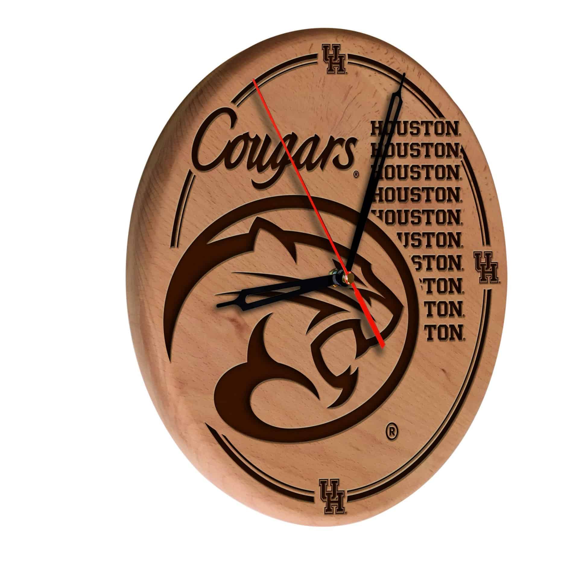 University of Houston 13-Inch Solid Wood Engraved Clock in Natural 3 University of Houston 13-Inch Solid Wood Engraved Clock in Natural