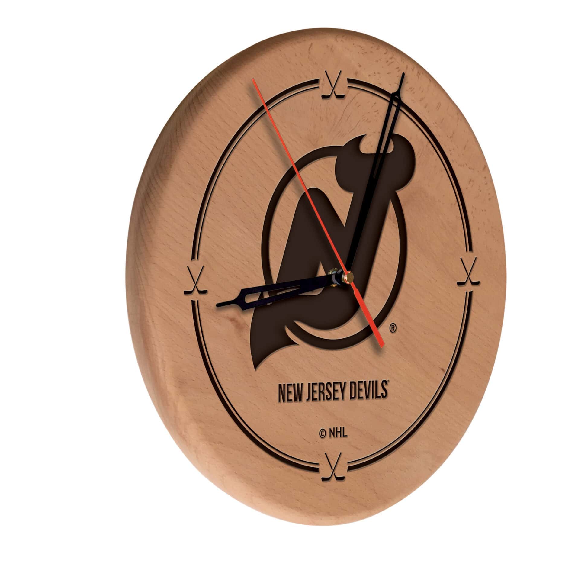 New Jersey Devils 13-Inch Solid Wood Engraved Clock in Natural 1 New Jersey Devils 13-Inch Solid Wood Engraved Clock in Natural