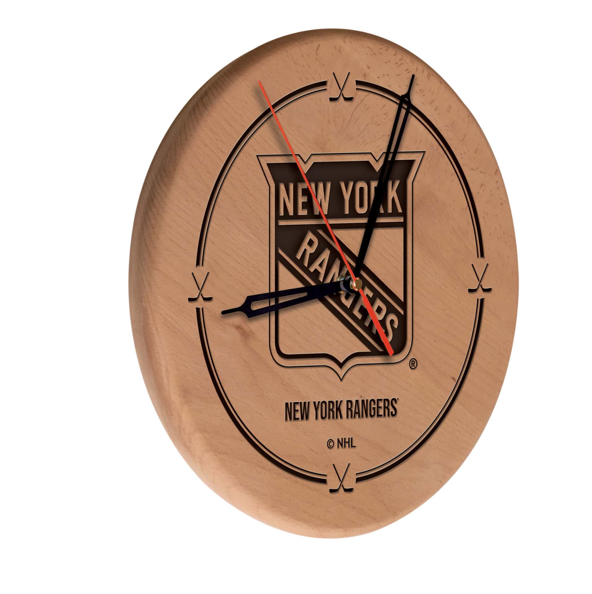New York Rangers 13-Inch Solid Wood Engraved Clock in Natural 1 New York Rangers 13-Inch Solid Wood Engraved Clock in Natural