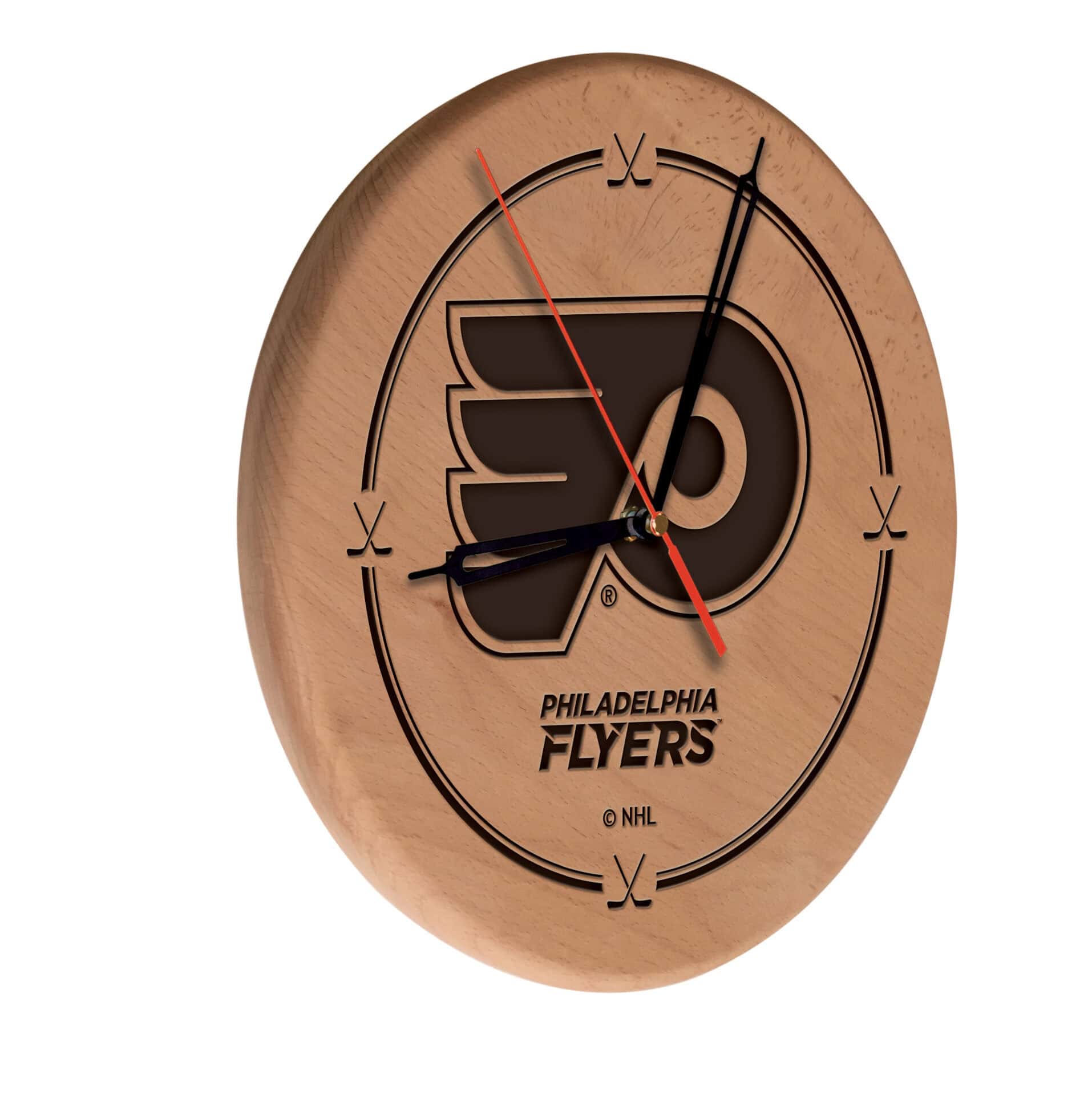 Philadelphia Flyers 13-Inch Solid Wood Engraved Clock in Natural 1 Philadelphia Flyers 13-Inch Solid Wood Engraved Clock in Natural