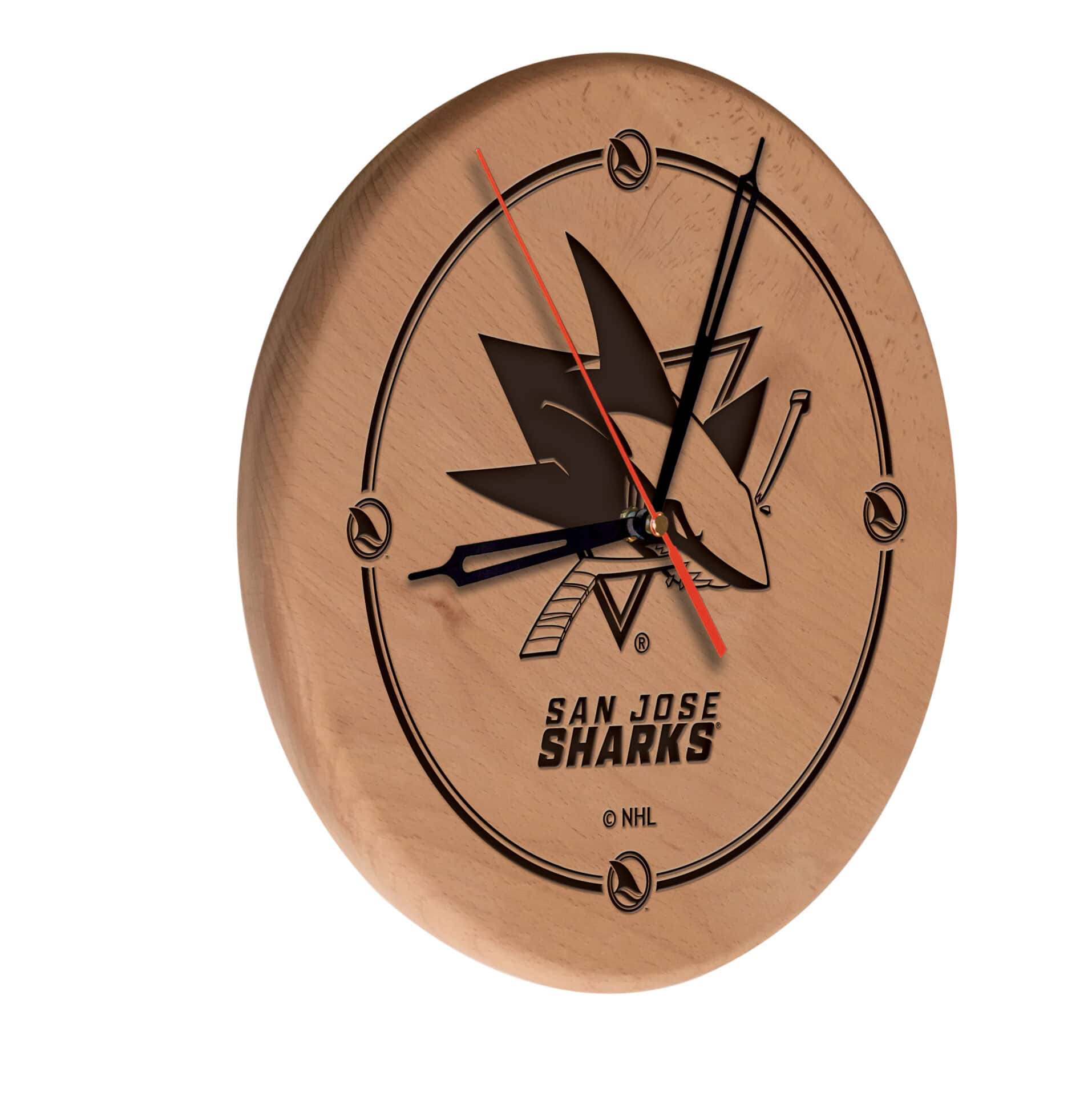 San Jose Sharks 13-Inch Solid Wood Engraved Clock in Natural 1 San Jose Sharks 13-Inch Solid Wood Engraved Clock in Natural