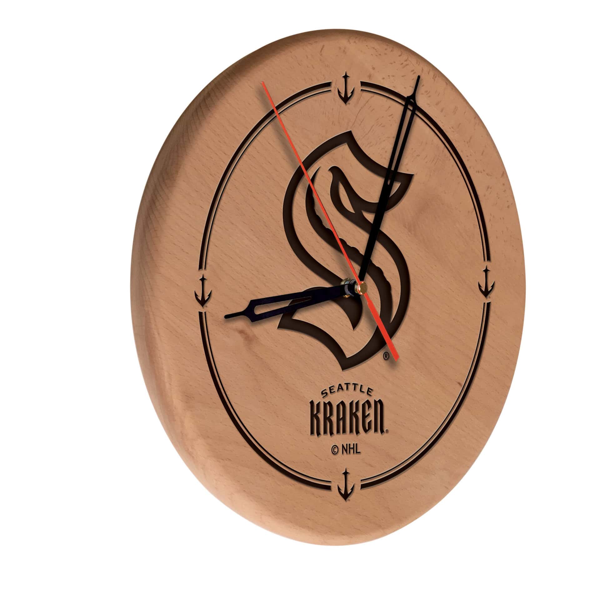 Seattle Kraken 13-Inch Solid Wood Engraved Clock in Natural 3 Seattle Kraken 13-Inch Solid Wood Engraved Clock in Natural