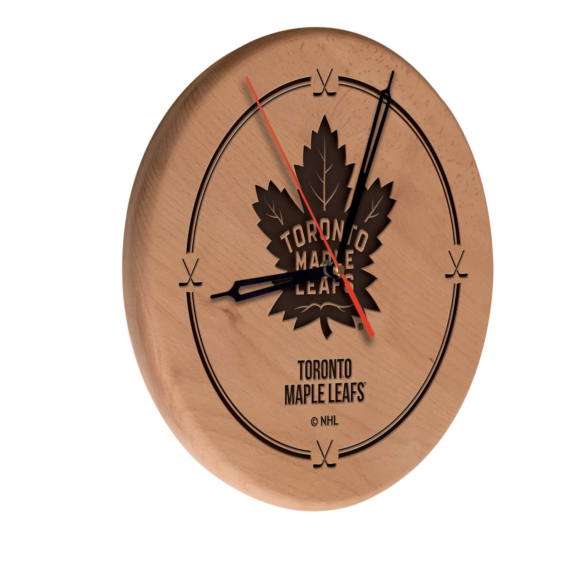 Toronto Maple Leafs 13-Inch Solid Wood Engraved Clock in Natural 3 Toronto Maple Leafs 13-Inch Solid Wood Engraved Clock in Natural
