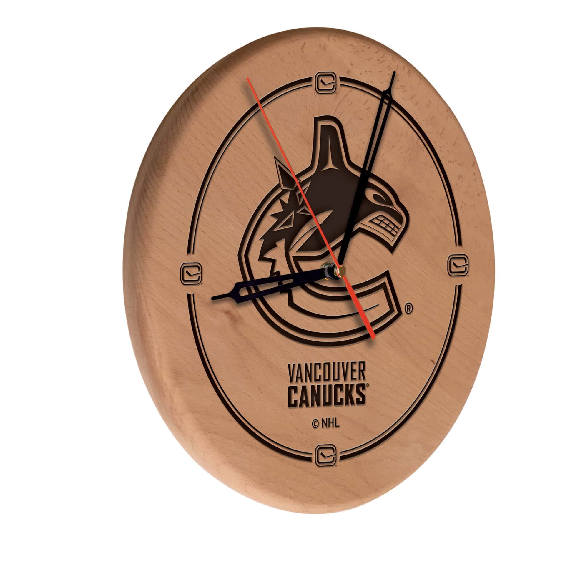 Vancouver Canucks 13-Inch Solid Wood Engraved Clock in Natural 3 Vancouver Canucks 13-Inch Solid Wood Engraved Clock in Natural