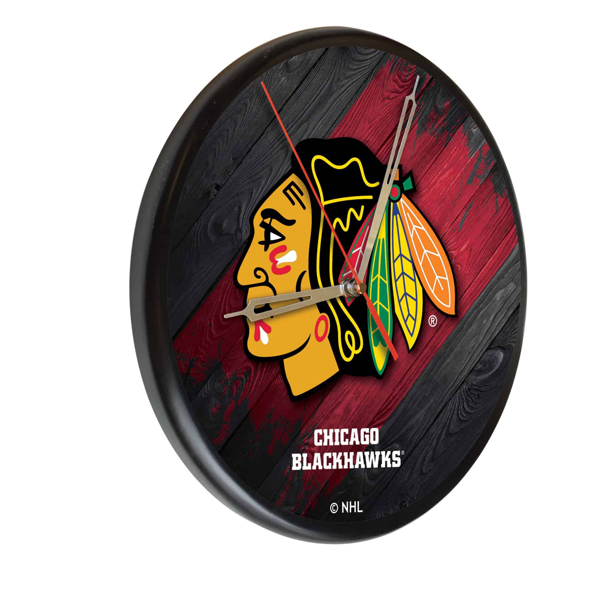 Chicago Blackhawks 13-Inch Solid Wood Clock in Black 3 Chicago Blackhawks 13-Inch Solid Wood Clock in Black