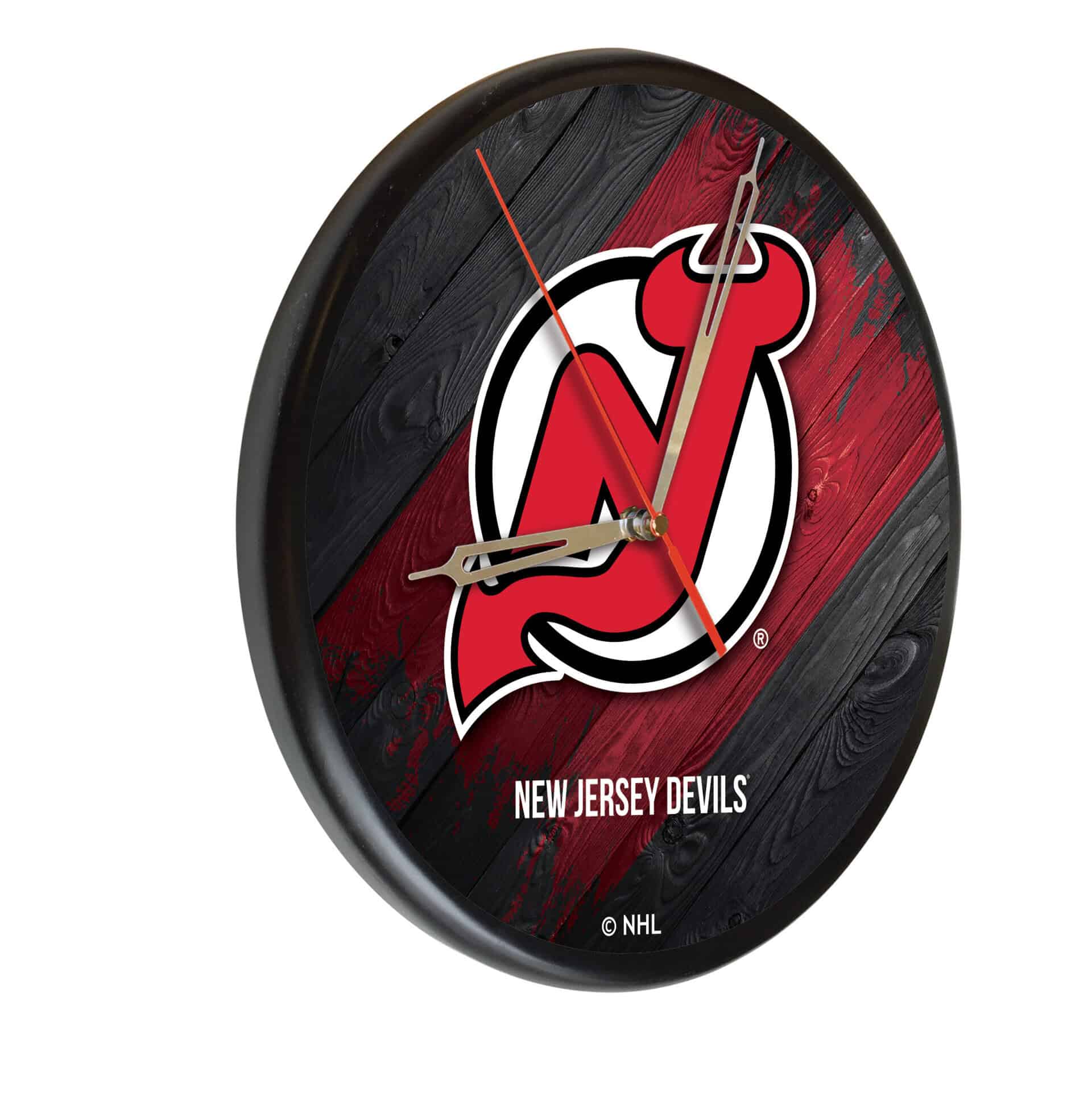 New Jersey Devils 13-Inch Solid Wood Clock in Black 3 New Jersey Devils 13-Inch Solid Wood Clock in Black