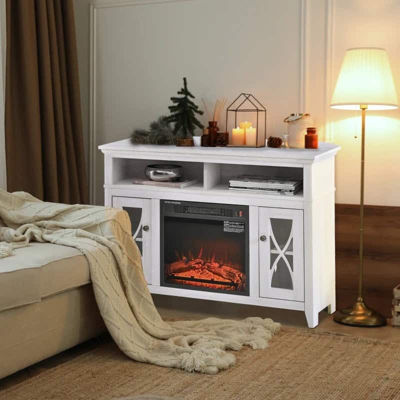 Rustic White Electric Fireplace TV Stand with Cabinets and Shelves 2 Rustic White Electric Fireplace TV Stand with Cabinets and Shelves - Image 2