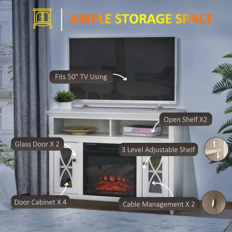 Rustic White Electric Fireplace TV Stand with Cabinets and Shelves 3 Rustic White Electric Fireplace TV Stand with Cabinets and Shelves - Image 3