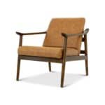 Tan Leather Mid-Century Modern Lounge Chair With Rolled Arms