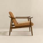 Tan Leather Mid-Century Modern Lounge Chair With Rolled Arms