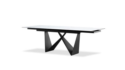 WESTYN Carrara White Ceramic Double Extension Dining Table Black Steel