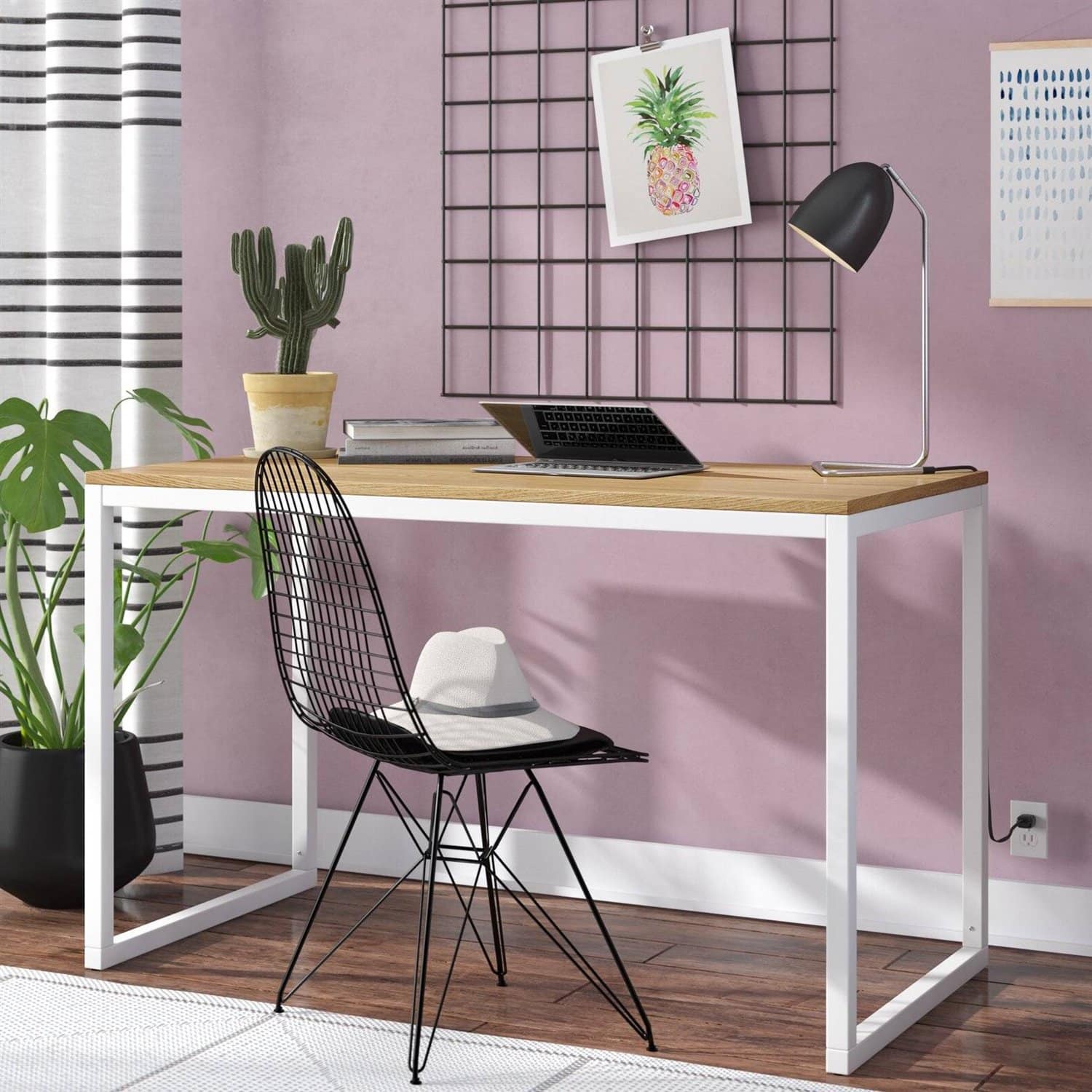 Modern Office Desk with White Metal Frame and Wood Top 2 Modern Office Desk with White Metal Frame and Wood Top - Image 2