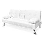 White Faux Leather Convertible Futon with Cup Holders