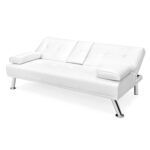 White Faux Leather Convertible Futon with Cup Holders