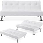 White Faux Leather Adjustable Futon Sofa Bed with Tufted Design