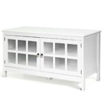 White Wood TV Stand with Glass Doors and Storage Shelves